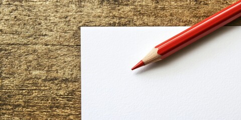 Leinwandbilder - White note paper positioned on a textured wood surface with a vibrant red colored pencil resting diagonally beside it, minimalistic composition.