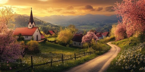 Poster - Charming village landscape in spring with vibrant pink cherry blossoms on the sides, a serene church with a spire, and a winding dirt road at sunset.