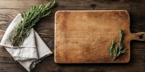 Aufkleber - Rustic wooden table featuring a top view of a vintage cutting board left empty with fresh rosemary and a linen napkin positioned on the side