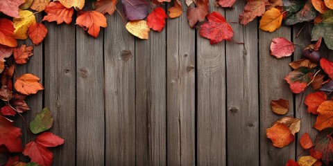 Poster - Autumn leaves in vibrant reds and oranges frame a rustic timber backdrop with subtle wood grain texture providing ample horizontal copy space.
