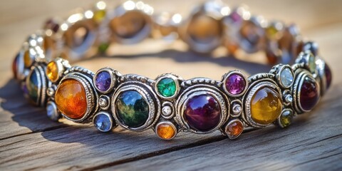 Colorful artisan gemstone bracelet featuring multi-colored stones in a silver setting, elegantly displayed on a rustic wooden surface.