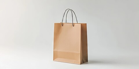 Poster - Brown paper shopping bag with comfortable handles positioned left against a soft white background, ideal for design mockup and product display.