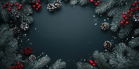 Poster - Christmas floral arrangement with dark green fir branches, red berries, pine cones, and snowflakes on a black background, creating a festive frame.
