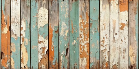 Poster - Weathered wooden planks background featuring distressed teal and orange paint with peeling effects, creating a rustic vintage aesthetic.