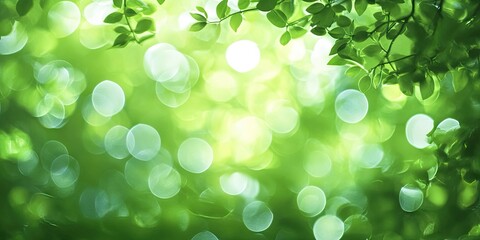 Fototapete - Green bokeh effect with vibrant soft foliage in shades of green and blue circles, creating a fresh abstract blurred background for design use.