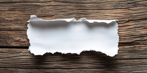Fototapete - Close up view of a jagged paper fragment with a blank center on an aged wooden surface perfect for message placement. Natural tones with texture contrast.
