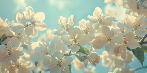 Leinwandbilder - Delicate white blossoms against a soft aqua sky with radiant sunlight illuminating subtle petals and greenery for tranquil springtime ambiance.