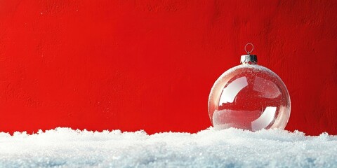 Poster - Transparent Christmas ornament on white snow, vibrant red background, positioned slightly right for text space, festive atmosphere, holiday theme.