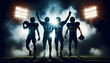 © Warittha - American Football Backlit silhouette of three American football players celebrating under stadium lights, creating a d4