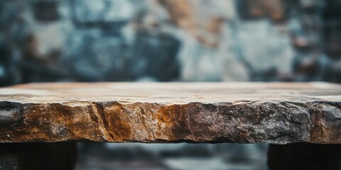Poster - Stone table in foreground with textured surface, cool grey tones, and blurred earthy background adding depth and contrast to the scene.