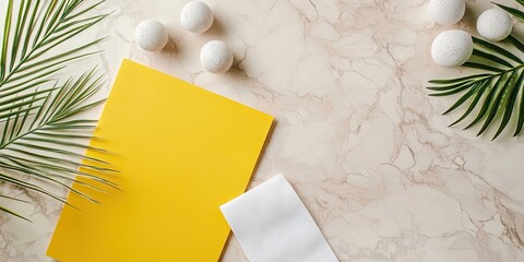 Fototapete - Yellow paper and blank white envelope on marble surface with textured palm leaves and decorative white balls arranged thoughtfully.