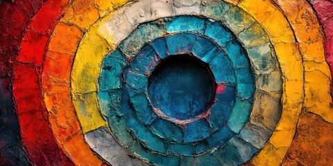 Leinwandbilder - Colorful concentric circles with vibrant reds oranges yellows greens and blues creating a textured layered effect centered on a deep blue core.
