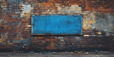 Poster - Deteriorated brick wall with weathered blue sign centered on the surface providing ample copy space below, featuring earthy tones and rough textures.