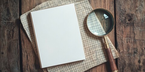 Leinwandbilder - Blank notebook on checkered fabric next to magnifying glass on rustic wooden background, emphasizing simplicity and exploration in design composition.