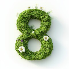 Sticker - Number 8 made of lush green moss with tiny blooming flowers isolated on a clean white background