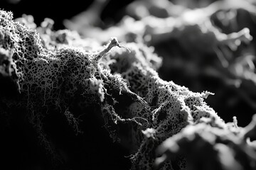 An abstract close-up of a textured, porous white structure against a dark background, creating a striking contrast and emphasizing the intricate details and complex pattern.