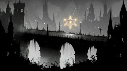 Sticker - Mystical bridge spans gothic city glowing star