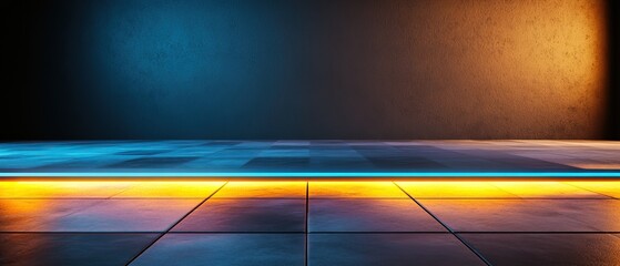 Poster - A modern, minimalist space featuring a checkered floor illuminated by vibrant blue and orange lighting against a dark background.