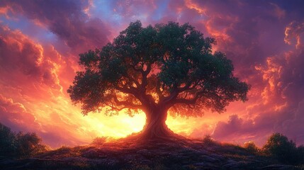 Wall Mural - Majestic tree sunset vibrant sky peaceful scene