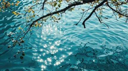 Leinwandbilder - Tranquil aqua water surface reflecting sunlight with tree branches above creating a serene woodland atmosphere in vibrant blue and green hues.