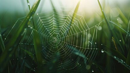 Wall Mural - Morning dew glistens on an intricate spider web nestled between green grass blades under soft sunlight creating a natural, serene atmosphere.