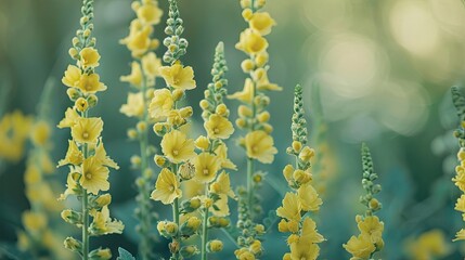 Poster - Vibrant yellow mullein Verbascum flowers standing tall amidst a soft green background with shallow depth of field capturing serene natural beauty