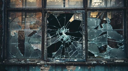 Aufkleber - Broken window in abandoned building with shattered glass featuring dark gray frames and debris on a weathered wall creating a mood of neglect
