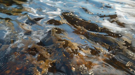 Leinwandbilder - Calm water surface reflecting light with ripples, small bubbles, and dark green seaweed, creating a serene natural ambiance in shades of blue and brown.
