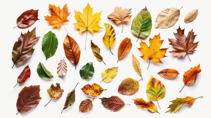 Aufkleber - Vibrant assortment of autumn leaves in various shades of yellow, orange, red, and green arranged artistically on a soft white background