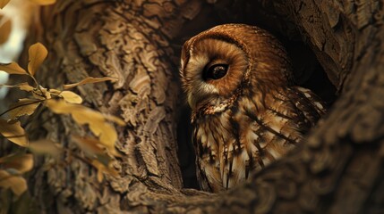 Poster - Tawny Owl perched in tree hollow with detailed brown feathers and textured bark illuminated by soft golden light and surrounded by autumn leaves.