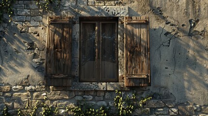 Aufkleber - Wooden shutters on a weathered stone wall antique window with light shadows and creeping green vines creating a rustic architectural detail.
