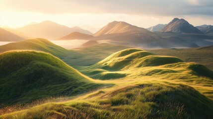 Aufkleber - Golden sunlight bathes lush green rolling hills with soft grasses, highlighted by distant dark mountain silhouettes under a serene sky at sunset.