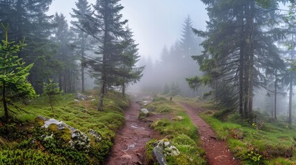 Aufkleber - Hiking trail winding through lush green spruce forest shrouded in morning fog with rocky soil and soft moss underfoot in serene natural setting