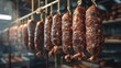 © meristock - Hanging dried sausages on ropes in a metal smokehouse with a smoky atmosphere featuring rich brown and red hues in a factory setting