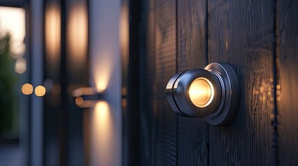 Fototapete - Metal handle close-up of house lighting protection system on dark wooden wall with soft warm light illuminating surroundings and blurred bokeh effect