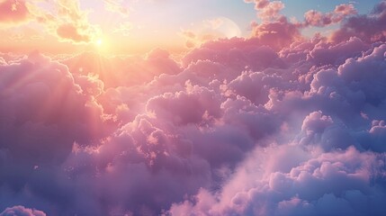 Poster - Misty sunrise over fluffy pink and purple clouds with golden sunlight breaking through, creating a serene atmospheric landscape backdrop.