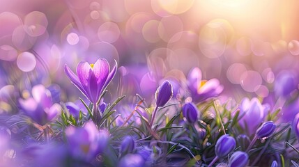 Aufkleber - Delicate purple crocus flowers in soft focus against a dreamy bokeh background with warm golden sunlight filtering through spring meadow greenery.