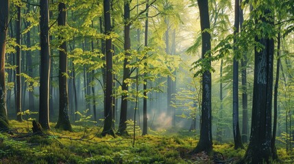 Aufkleber - Lush green oak and beech forest landscape in spring with vibrant new leaves and soft morning mist creating an enchanting atmosphere.