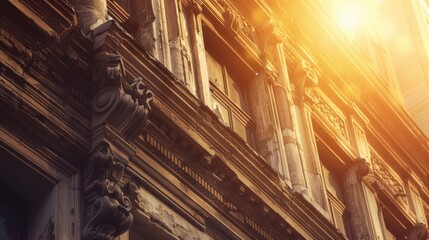 Poster - Close up of vintage building facade illuminated by warm golden sunlight with intricate architectural details enhancing the majestic appearance.