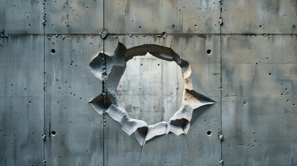 Leinwandbilder - Circular hole in gray concrete wall with jagged edges, revealing rough texture and shadows, creating an industrial and dramatic atmosphere.