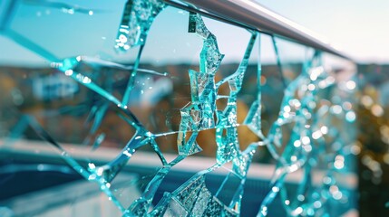 Fototapete - Fractured transparent glass railing with blue tint glimmering in sunlight, showcasing modern architectural design against an outdoor backdrop.