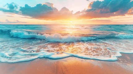 Poster - Tranquil sunset over the ocean with vibrant orange and blue hues reflecting on gentle waves and sandy beach, creating a serene atmosphere.