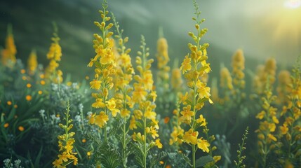 Aufkleber - Vibrant yellow flowers of mullein Verbascum stand tall in a lush green landscape with soft focus on background creating a dreamy atmosphere.