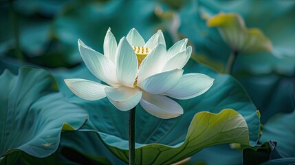 Aufkleber - Lotus flower in full bloom with soft white petals and yellow center surrounded by lush green leaves in a serene botanical garden setting