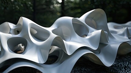 Fototapete - Fluid abstract white shape with organic curves and voids, set against a blurred green forest background highlighting texture and depth.