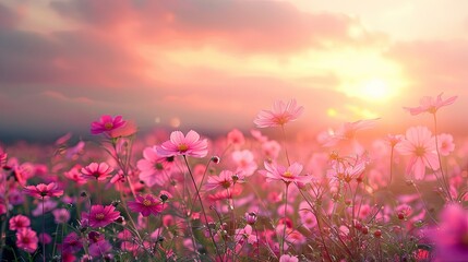 Aufkleber - Vibrant field of pink and red cosmos flowers at sunset with vintage tones, lush greenery in foreground, soft clouds and warm sunlight in background.