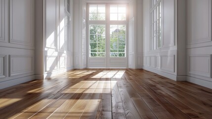 Leinwandbilder - Spacious renovated room featuring polished oak flooring, bright white walls, and large windows allowing natural light and greenery view.