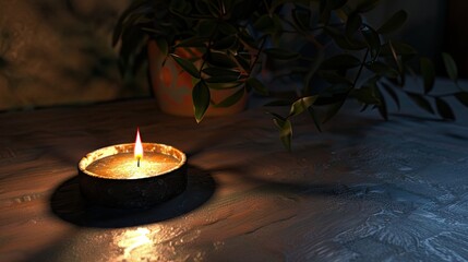 Aufkleber - Warm glowing tea light candle illuminated on a textured wooden table surrounded by shadowy darkness with soft green foliage in background.