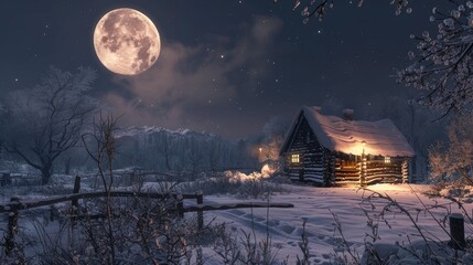 Aufkleber - Luminous full moon illuminates a snowy rural home surrounded by frost-kissed trees and distant mountains under a starry night sky.