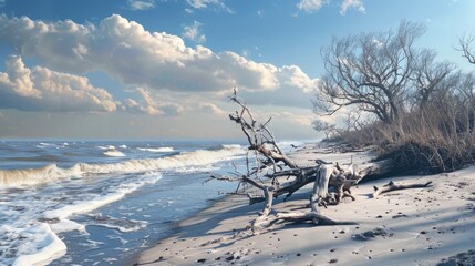 Aufkleber - Scenic beach landscape featuring large bare trees and driftwood against soft waves and cloudy blue skies near sandy shore at dawn